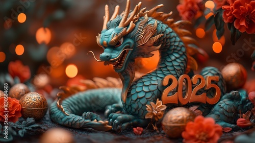 emerald green dragon, with red camellia flowers in the background, a golden and colorful color scheme