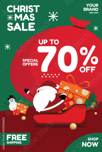 Christmas sale promotional design with Santa Claus, mobile phone, and gift boxes. Perfect for holiday sales banners, ads and festive promotions with free shipping offers. vector design