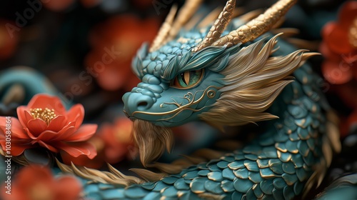 emerald green dragon, with red camellia flowers in the background, a golden and colorful color scheme