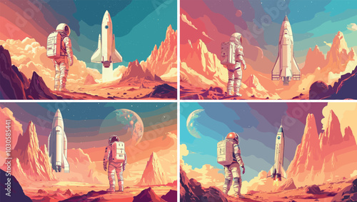 Alien planet surface astronaut adventurer watching starship lift off cartoon vector concepts. Crag boulder rocky arid red desert, cosmonaut back view space suit character, spaceship vessel departure