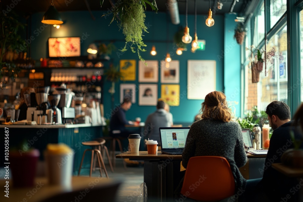 Cozy cafe interior with warm lighting and vibrant decor. People working on laptops create an inviting atmosphere for productivity and relaxation. Generative AI Cozy cafe interior with warm lighting and vibrant decor. People working on laptops create an inviting atmosphere for productivity and relaxation. Generative AI