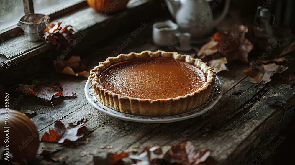 Delicious Pumpkin Pie on Rustic Table Delicious Pumpkin Pie on Rustic Table