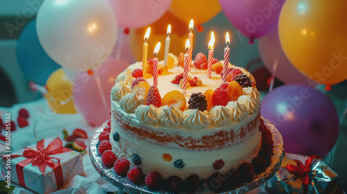 Colorful Birthday Cake with Candles and Decorations