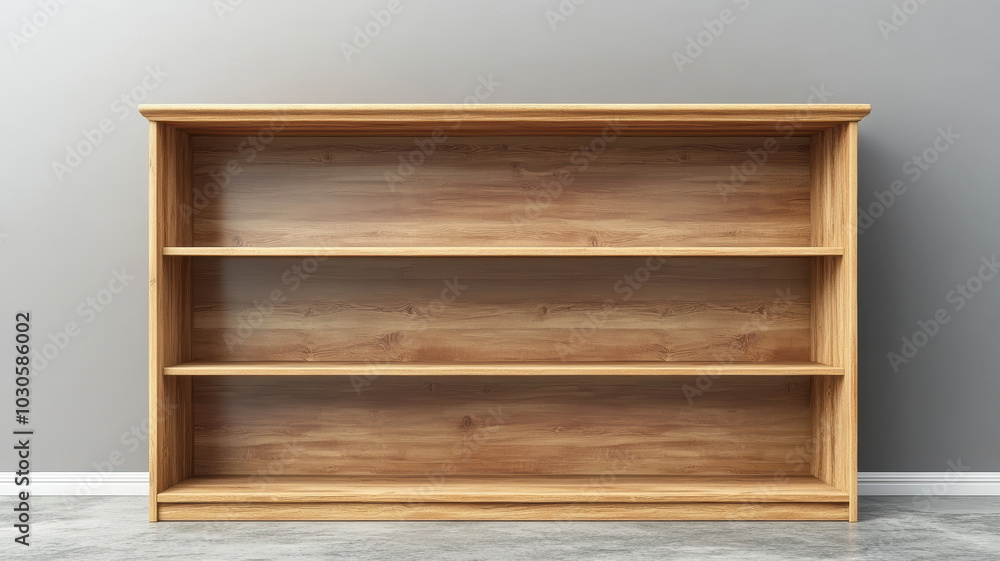Fototapeta premium A wooden shelf with three shelves is empty. The shelf is made of wood and is standing on a concrete floor