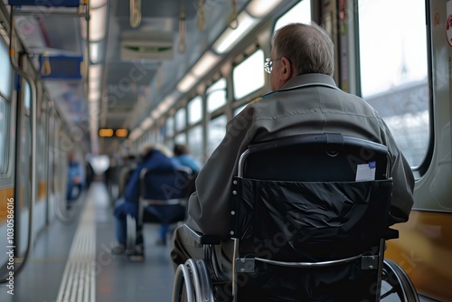 Elderly man in a wheelchair is riding a train, illustrating the concept of accessible public transport