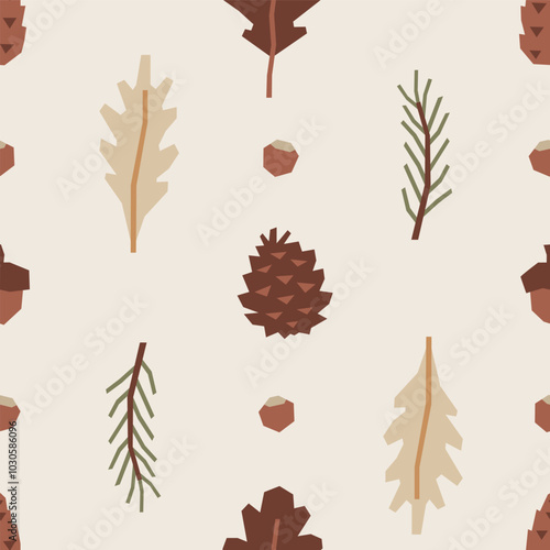 Seamless pattern of pine cones, oak leaves, acorns, and fir branches, in cutout style on light beige background. Simple geometric fall or winter vector design for textile, wallpaper, wrapping paper.