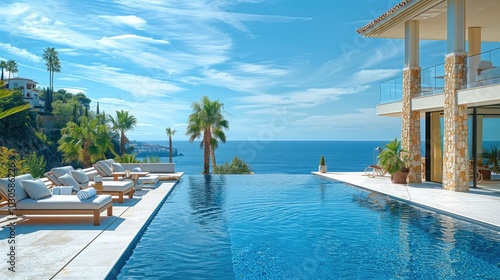 Fototapeta Naklejka Na Ścianę i Meble -  Luxury villa with palm trees and sea view, sunny day, blue sky.