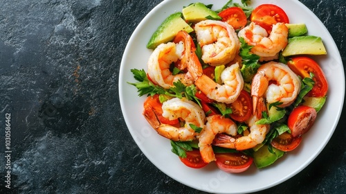 Shrimp salad with avocado and tomato on a white plate.