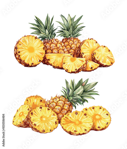 Ananas cartoon vector set. Pineapple pieces slices tropical exotic sweet fruit plant summer botanical food dessert illustrations isolated on white background