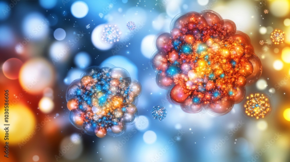 Microscopic view of glowing particles decaying into smaller fragments, symbolizing particle decay in a physics lab setting with scientific instruments and equipment in the background. Microscopic view of glowing particles decaying into smaller fragments, symbolizing particle decay in a physics lab setting with scientific instruments and equipment in the background.