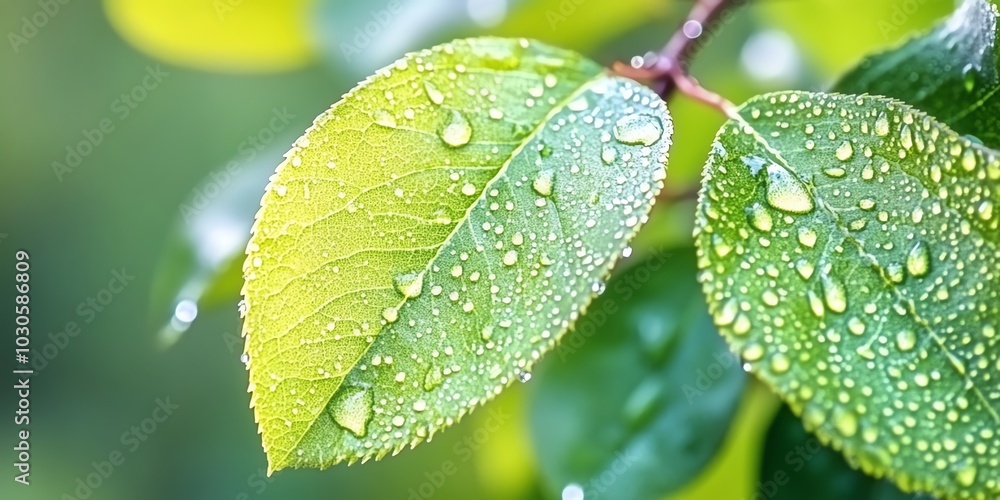 Macro shot of dew on fresh green leaves, capturing the essence of vitality and rejuvenation, vibrant colors, serene background