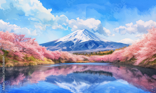 Watercolor Fuji mountain and Pink Sakura Trees along Uruigawa River in Spring, Fujinomiya, Shizuoka, Japan photo