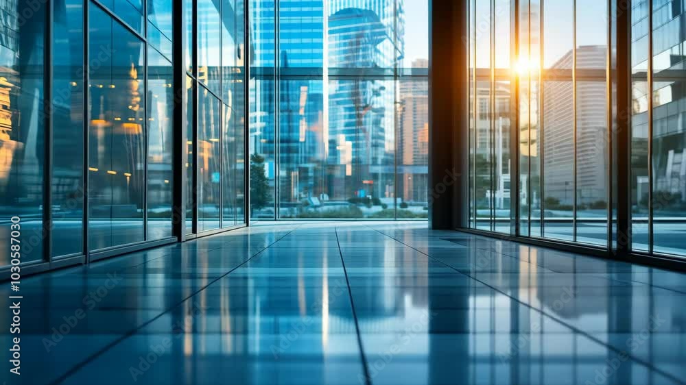 A view of the city from inside a modern office building with large windows, reflecting the sun setting over the cityscape A view of the city from inside a modern office building with large windows, reflecting the sun setting over the cityscape