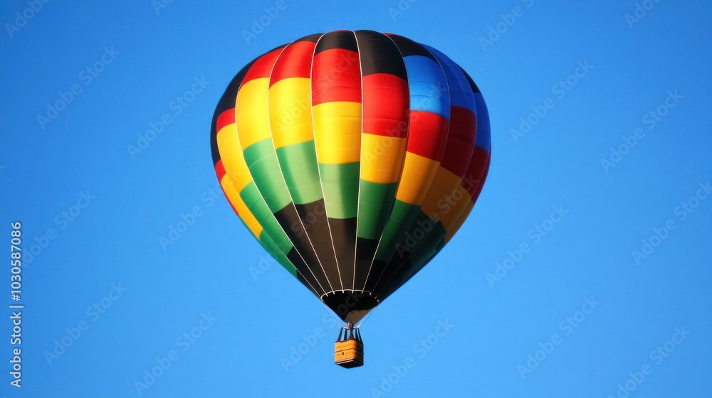A colorful hot air balloon soaring against a clear blue sky. A colorful hot air balloon soaring against a clear blue sky.