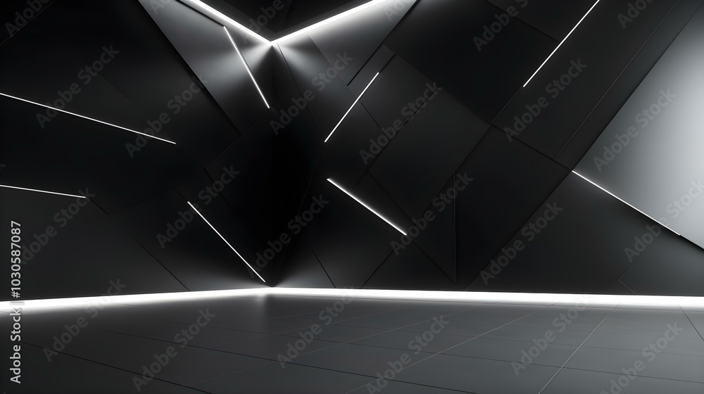Anthracite Wall with geometric Patterns and Neon Lighting. Futuristic Backdrop for Product Presentation Anthracite Wall with geometric Patterns and Neon Lighting. Futuristic Backdrop for Product Presentation