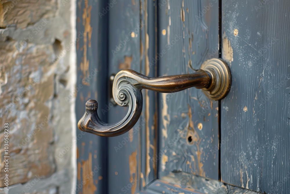 Close up of an elegant brass door handle on a weathered blue door, showcasing the intricate details and craftsmanship Close up of an elegant brass door handle on a weathered blue door, showcasing the intricate details and craftsmanship