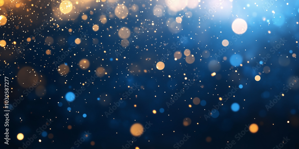 Naklejka premium Abstract glittery banner with blue shining particles on back background, sparkling light.