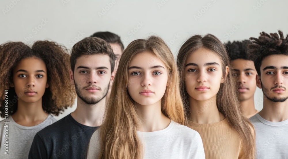 Several teenagers of different races and ethnicities pose in front of the screen, with different types of hair, staring at the viewer with neutral expressions Several teenagers of different races and ethnicities pose in front of the screen, with different types of hair, staring at the viewer with neutral expressions