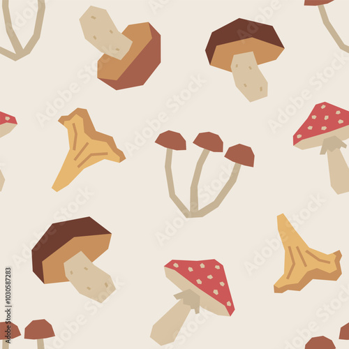 Seamless pattern of autumn mushrooms in cutout style on light beige background. Simple geometric botanical elements. Fall vector design for textile, wallpaper, wrapping paper, poster, banner