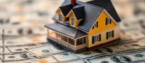 Miniature house sits on a bed of US dollar bills representing the cost of homeownership.