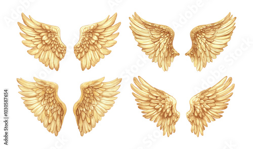 Angel amber gold wings cartoon vector set. Celestial feathers plumage seraphim archangel sacred cherubim divine soar flying yellow holy religious heavenly mythical symbol isolated on white background