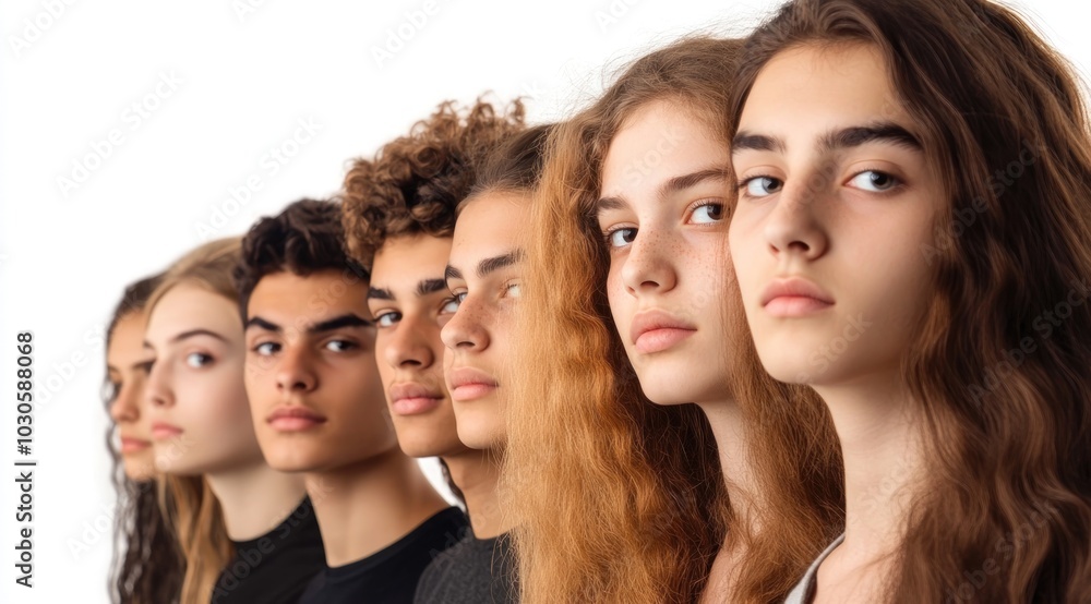 Several teenagers of different races and ethnicities pose in front of the screen, with different types of hair, staring at the viewer with neutral expressions Several teenagers of different races and ethnicities pose in front of the screen, with different types of hair, staring at the viewer with neutral expressions