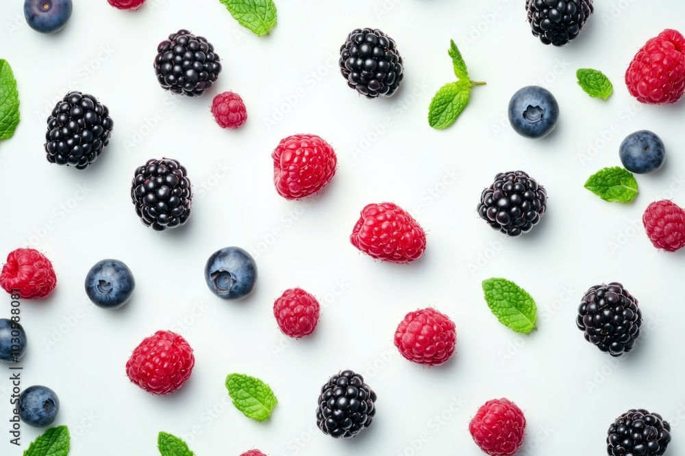 A vibrant scatter of fresh berries on a clean surface. This image shows blueberries, raspberries, and blackberries with mint leaves. A perfect visual feast. Generative AI A vibrant scatter of fresh berries on a clean surface. This image shows blueberries, raspberries, and blackberries with mint leaves. A perfect visual feast. Generative AI
