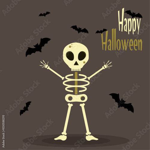 Happy Halloween cute Skeleton with bats cartoon card