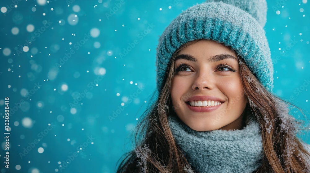 A smiling woman on a blue background. snowing. A smiling woman on a blue background. snowing.