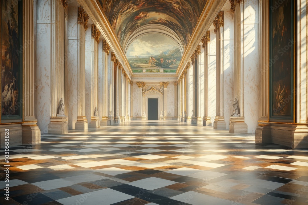 Sunlit Palace Corridor with Checkerboard Floor and Fresco Ceiling Sunlit Palace Corridor with Checkerboard Floor and Fresco Ceiling