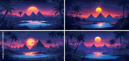 Arabic night oasis cartoon vector concepts. Lake pond water source palms egyptian pyramids dunes desert landscape, sands dusk african twilight sanctuary under moonlight illustrations