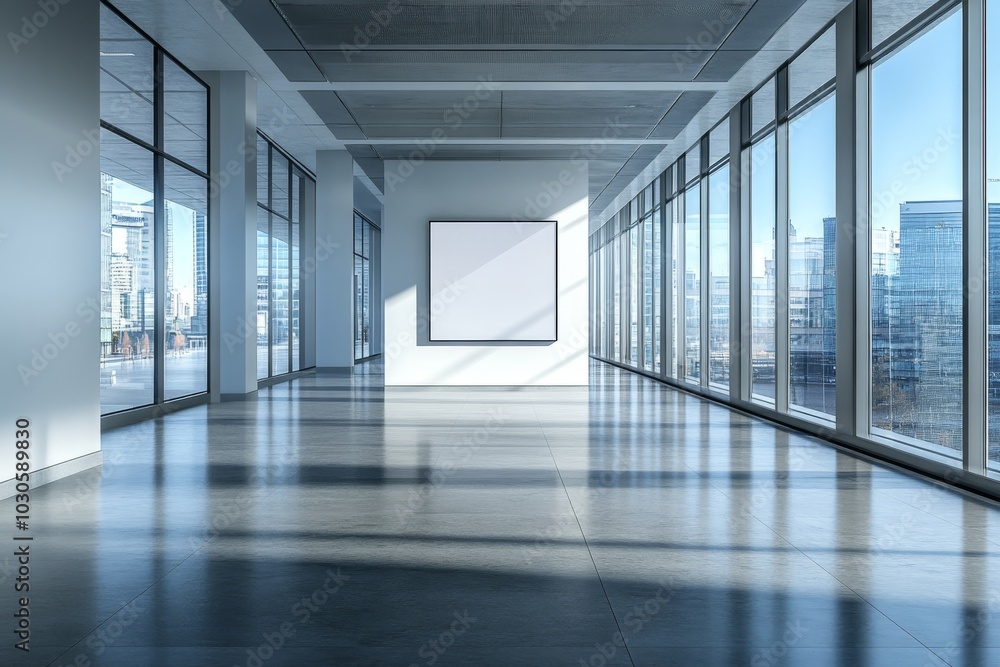 Modern Office Interior with Blank Canvas Wall and City View Modern Office Interior with Blank Canvas Wall and City View