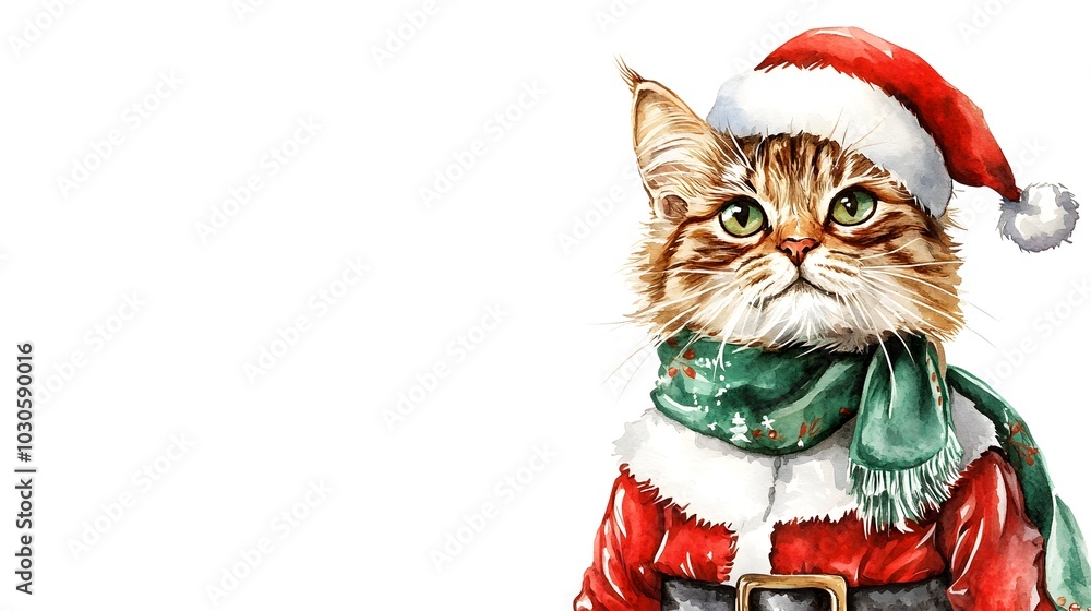 Jolly Santa Cat Dressed in Festive Outfit on Plain White Background Jolly Santa Cat Dressed in Festive Outfit on Plain White Background
