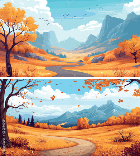 Autumn lowland valley cartoon vector illustrations. Red grass stones boulders trees woodland landscape, orange meadow path trail through hills forest mountains peaks, harvest fall season scenes