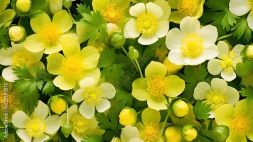 Background of a mix of delicate yellow globeflower blossoms and fresh green leaves