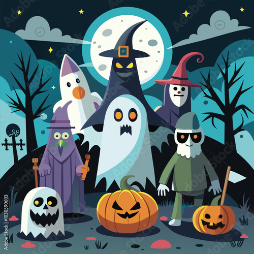 Halloween ghost, Midnight Moon, Pumpkin lantern set Halloween vector illustration background
