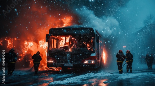 Firefighters are putting out a bus fire. photo