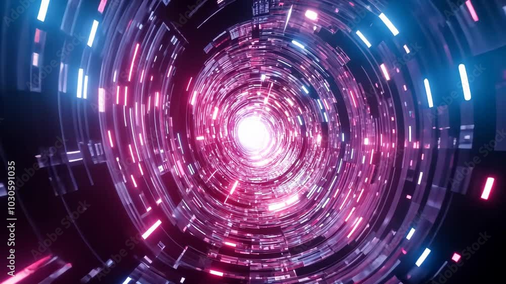 A bright light shines at the end of a swirling, pink and blue tunnel of lights A bright light shines at the end of a swirling, pink and blue tunnel of lights