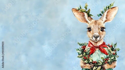 Mischievous Christmas Kangaroo Adorned in Holly Wreath Dress on Icy Blue Background