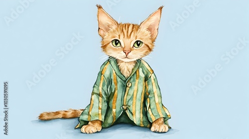 Mischievous Elf Cat in Cozy Striped Pajamas Against Painted Blue Background