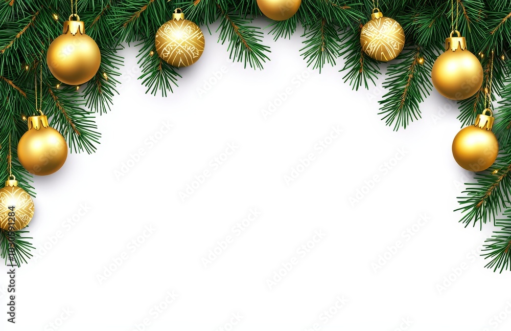 Christmas decorations in corners on a white or transparent background with pine twigs Christmas decorations in corners on a white or transparent background with pine twigs