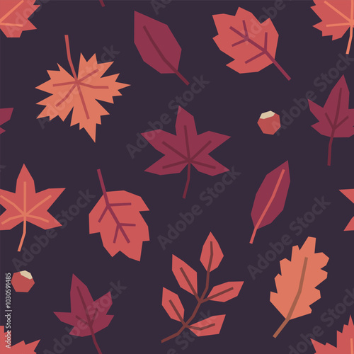 Seamless pattern of autumn maple, oak, other leaves and branches in cutout style on dark background. Simple geometric botanical elements. Fall vector design for textile, wallpaper, wrapping paper.
