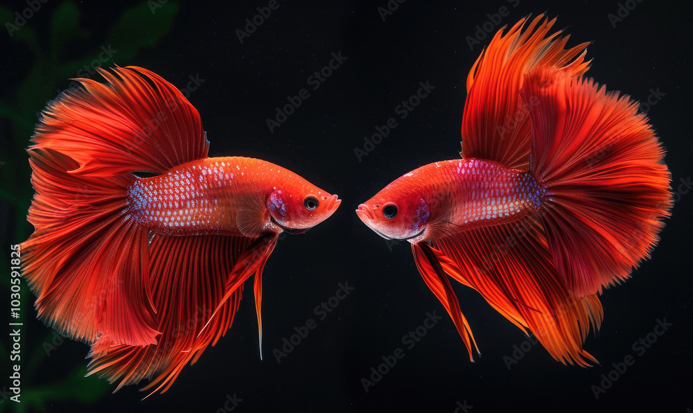 Beautiful movement of red betta fish, Two Fancy Halfmoon Betta, The moving moment beautiful of Siamese Fighting fish, Betta splendens, Rhythmic of Betta fish isolated on black background Beautiful movement of red betta fish, Two Fancy Halfmoon Betta, The moving moment beautiful of Siamese Fighting fish, Betta splendens, Rhythmic of Betta fish isolated on black background