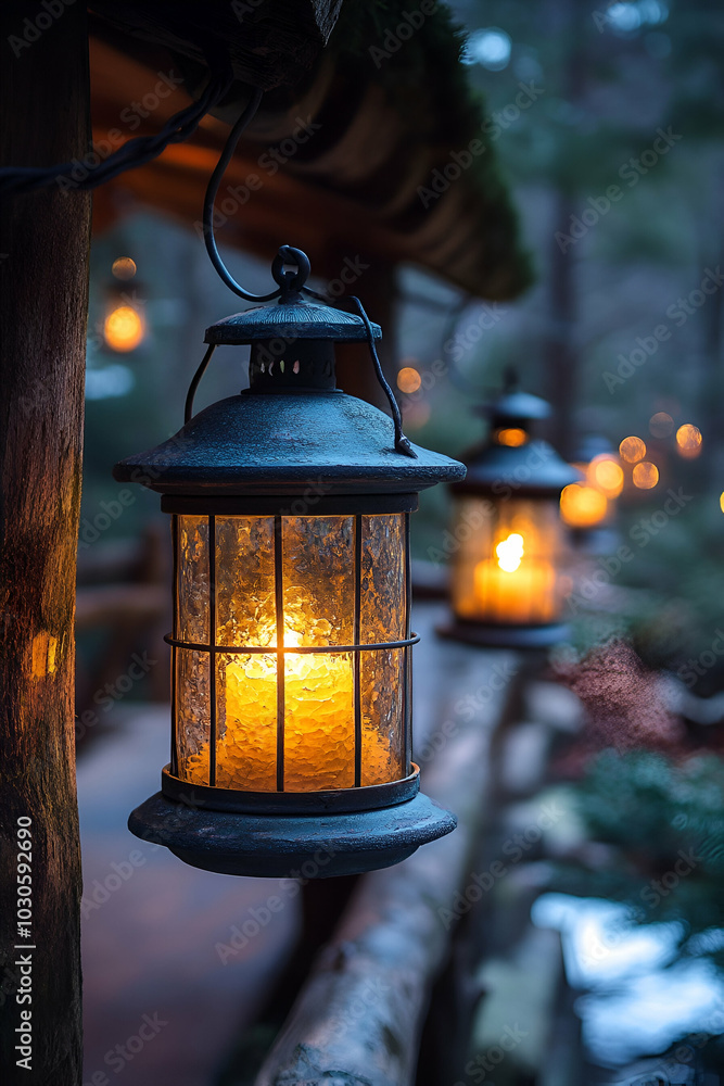 A cozy scene featuring glowing lanterns along a rustic pathway, illuminating the surroundings with warm light in a serene, woodland setting. A cozy scene featuring glowing lanterns along a rustic pathway, illuminating the surroundings with warm light in a serene, woodland setting.