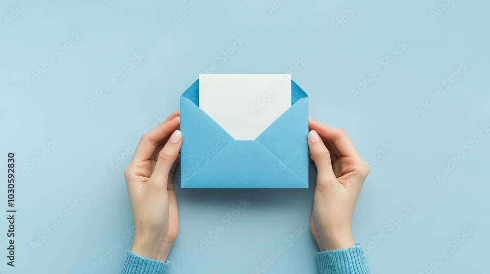First person top view photo of hands holding blue envelope and white card First person top view photo of hands holding blue envelope and white card