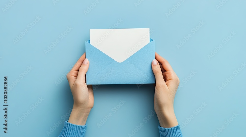 First person top view photo of hands holding blue envelope and white card First person top view photo of hands holding blue envelope and white card