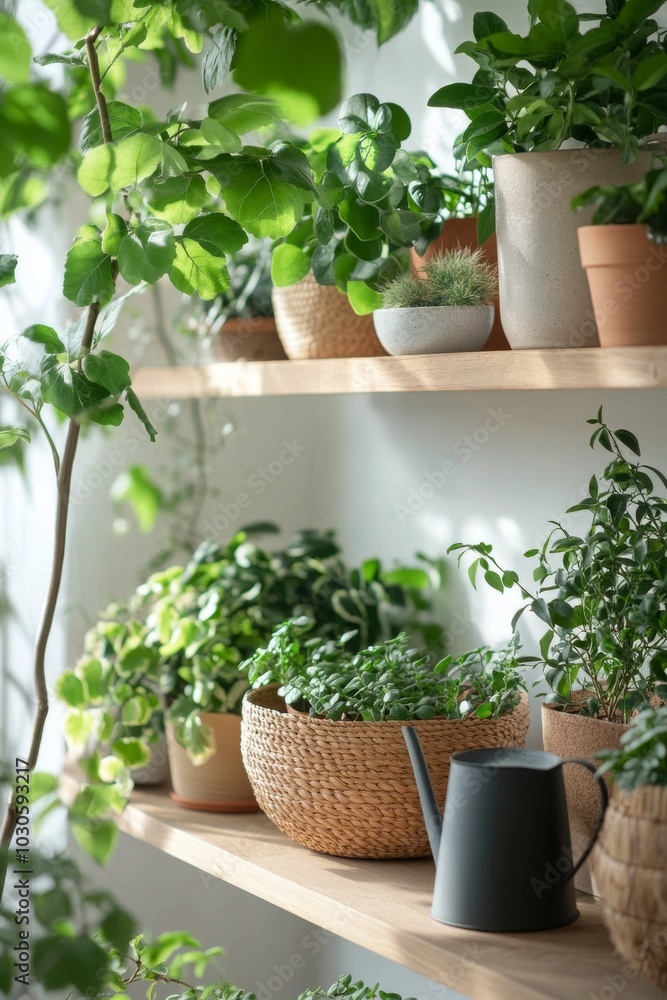 Lush indoor garden with various potted plants on a wooden shelf in a bright living space Lush indoor garden with various potted plants on a wooden shelf in a bright living space