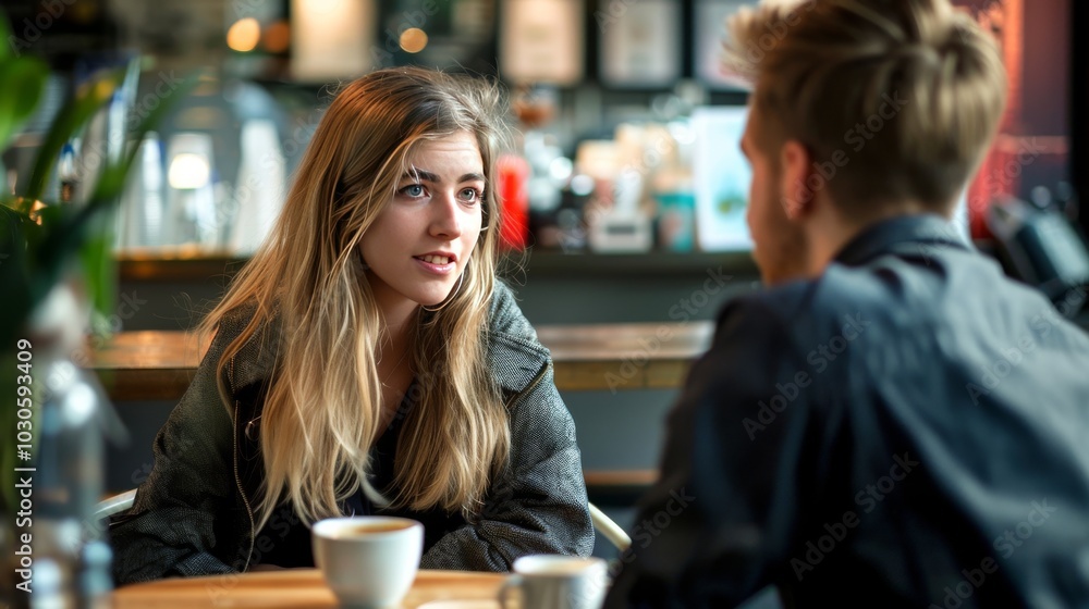 Female professional having coffee while discussing with male colleague at coffee shop Female professional having coffee while discussing with male colleague at coffee shop