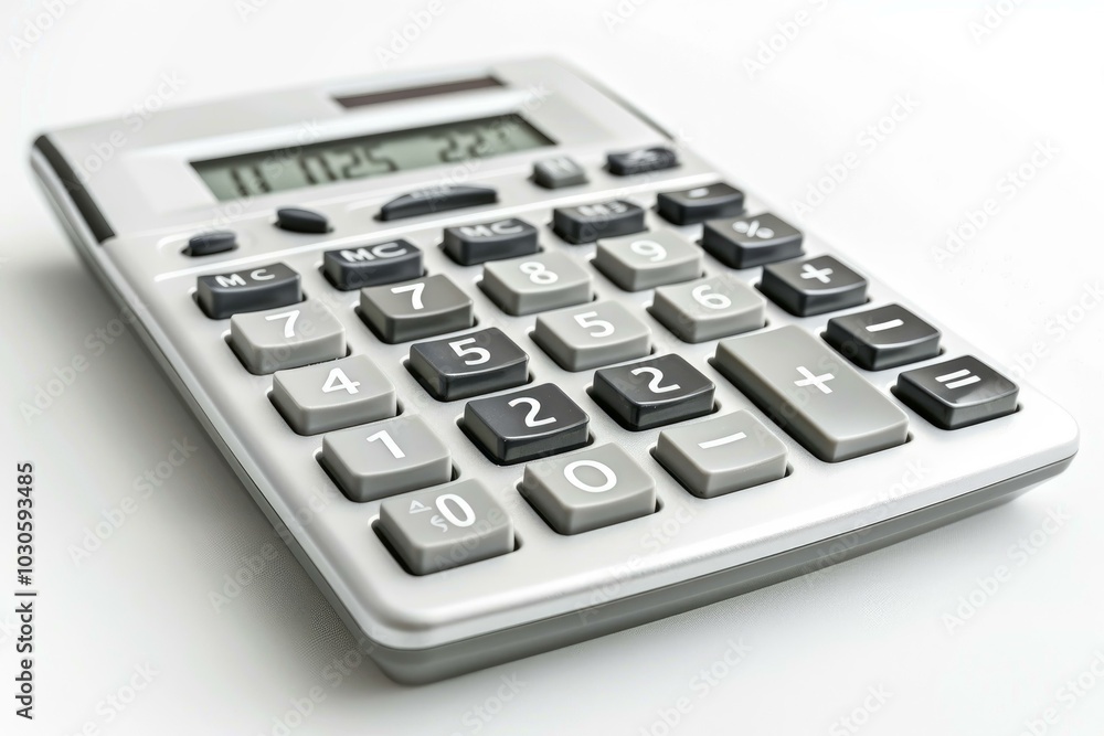 Modern calculator is showing numbers on its display while lying on a white desk Modern calculator is showing numbers on its display while lying on a white desk