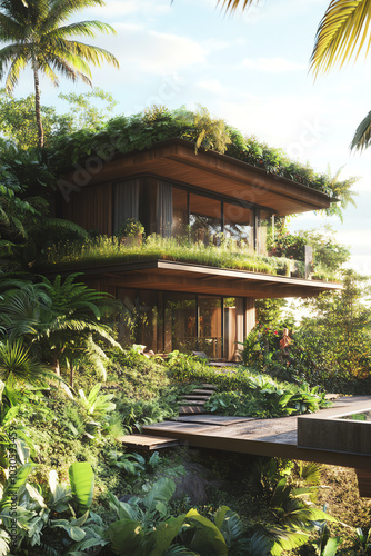 A tropicalstyle home with a green roof to blend into the lush landscape and provide insulation photo